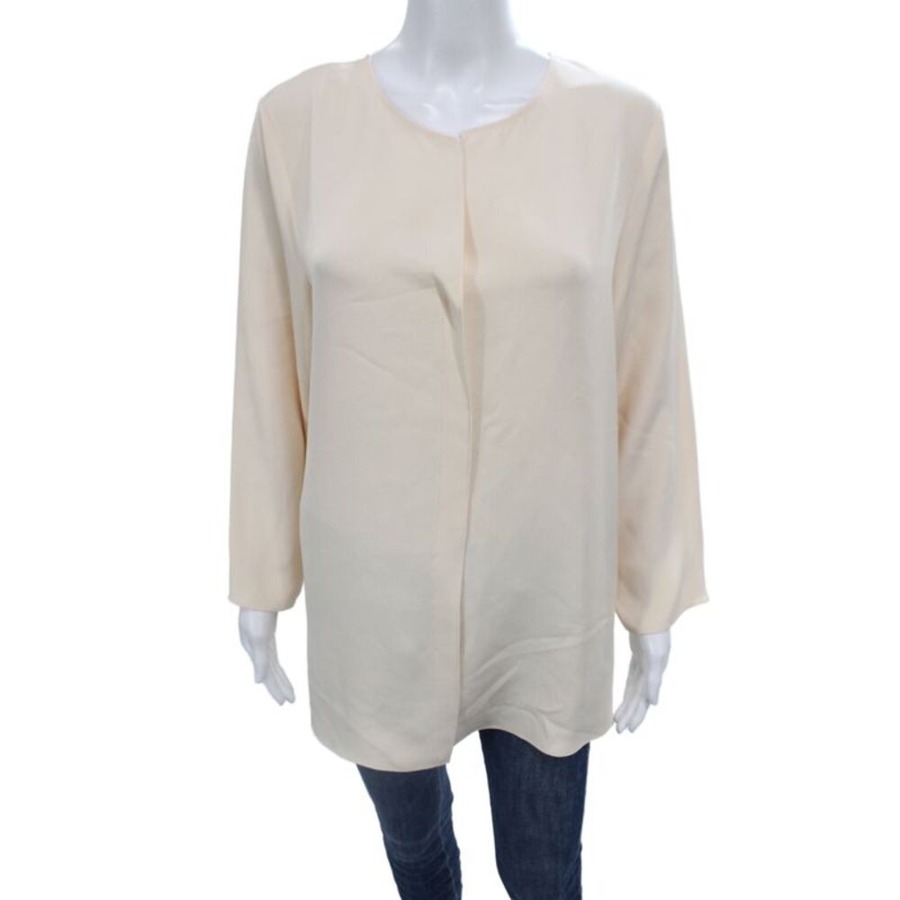 Peter Cohen Women Tunic Blouse Beige 100% Silk 3/4 Sleeve Round Neck Size L